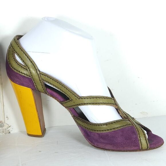 Prada Women's US6-6,5 EU37 Purple Multicolor Suede Leather Peep Toe Heels - Picture 6 of 16